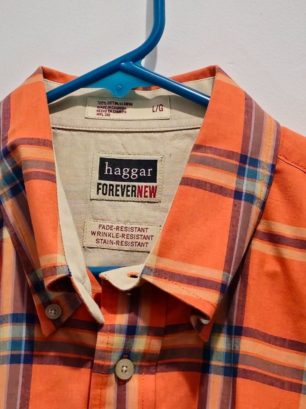 Haggar Forever New Mens L/G Orange Plaid Button-Up Shirt Fade-Resistant Wrinkle - Picture 2 of 13